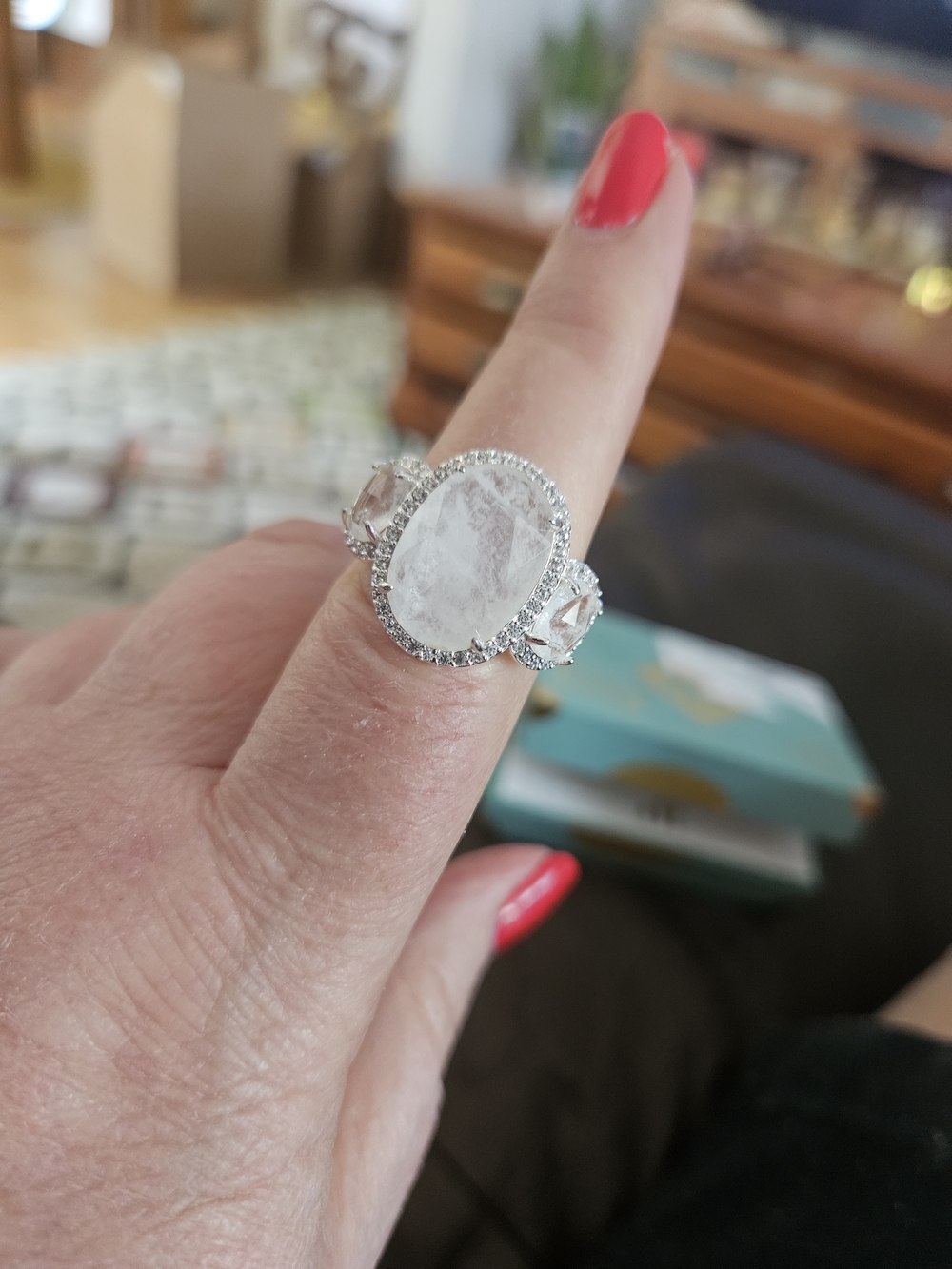 Bomb Party Silver-Tone White Oval Halo Ring with Side Stones - Sz 10